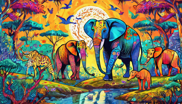 Picture of colorful African animals. Generative AI.