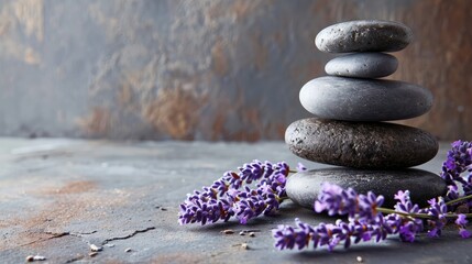 Obraz na płótnie Canvas Spa still life with stack of stones and lavenders