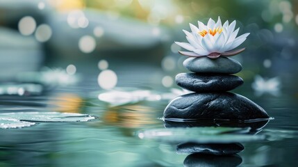 Spa still life with water lily and zen stone in a serenity pool