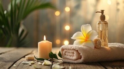 Fototapeta na wymiar Spa supplies, burning candle and flower on table in beauty salon, space for text