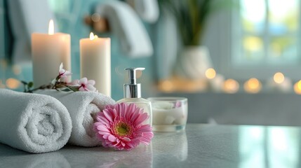 Spa supplies, burning candle and flower on table in beauty salon, space for text