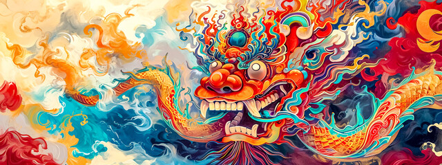 Tibetan dragon painting, a vibrant dance of fire and water. banner with copy space - obrazy, fototapety, plakaty