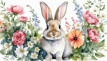 watercolor illustration of a cute rabbit looking straight ahead and some flowers in front of a white background - obrazy, fototapety, plakaty