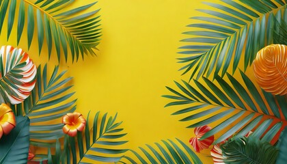 Fototapeta na wymiar colorful summer background with copy space bright yellow 3d illustration with tropical palm leaves