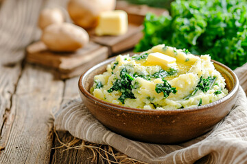 Traditional Irish mashed potatoes colcannon with cabbage and butter.