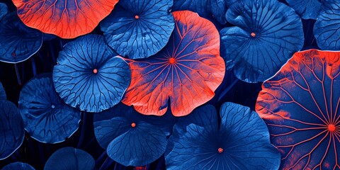 Colorful lotus leaves red and blue background, abstract summer aqua plants leaves backgrounds.
