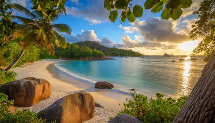 sunset at tropical beach anse lazio on praslin on the seychelles - obrazy, fototapety, plakaty