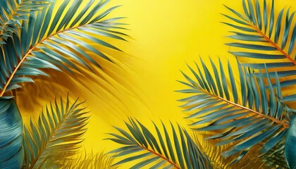 colorful summer background with copy space bright yellow 3d illustration with tropical palm leaves