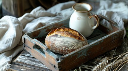  a loaf of bread in a wooden box next to a pitcher of milk and a loaf of bread in a wooden box on a tablecloth covered with white linens.