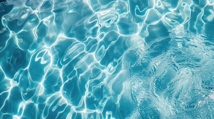Obraz premium Swimming pool bottom caustics ripple and flow with waves background. Summer background. Texture of water surface. Overhead view.