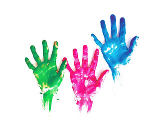 Three children's hands covered in blue, green, and pink paint, raised to support awareness for Rare Disease Day..