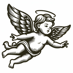 Vintage flying angel logo silhouette, white background isolated  - obrazy, fototapety, plakaty