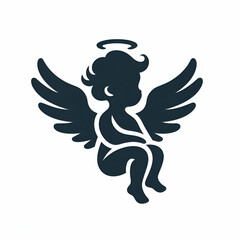 Vintage flying angel logo silhouette, white background isolated 
