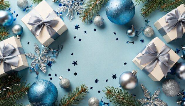 christmas concept top view photo of blue silver baubles disco balls snowflake ornaments present boxes with bows pine branches confetti on light blue background with empty space in the middle