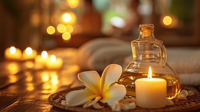 Warm inviting picture of beautiful spa composition with frangipani flower, oil flask, and candles. Blurred figures of the masseur and his guest in background.