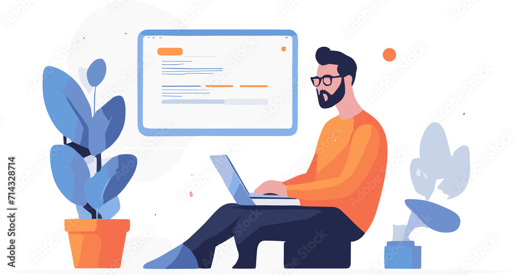 Wall mural ui vector illustration of person working on laptop, a freelancer caracter for web page