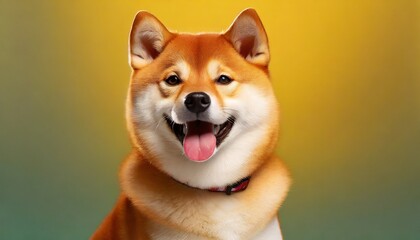 happy shiba inu dog on yellow red haired japanese dog smile portrait