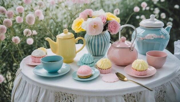 bed set for afternoon tea with pastel pink blue yellow and green tea set tea party generative ai