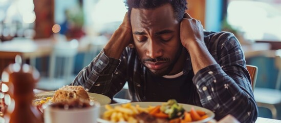 African-American man experiencing eating disorder and depression, lacking appetite. - obrazy, fototapety, plakaty
