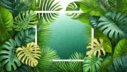 tropical frame with exotic jungle plants palm leaves monstera and place for text background