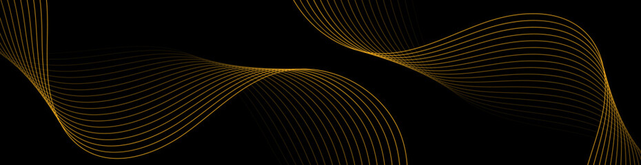 Abstract background with waves for banner. Web banner size. Vector background with lines. Element for design isolated on black. Black and orange. Night, dark
