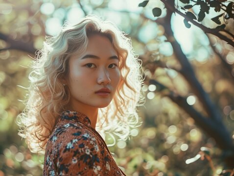 Photorealistic Teen Chinese Woman with Blond Curly Hair vintage Illustration. Portrait of a person in 1960s era aesthetics. Mod fashion. Historic photo Ai Generated Horizontal Illustration.