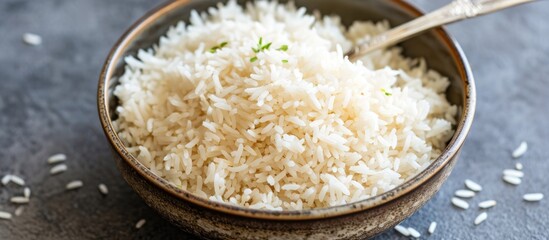 Close-up of a bowl with Basmati rice and a spoon.