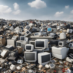 A pile of old computer monitors and keyboards. The pile is so large that it is almost impossible to see the individual items. Concept of waste and excess - obrazy, fototapety, plakaty
