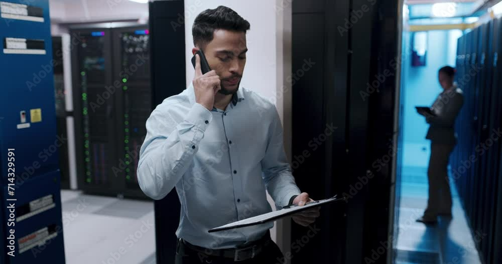 Poster Man, clipboard and server room, phone call and information technology for communication with notes for cyber security. Discussion, mobile and programmer, database update with contact and paperwork