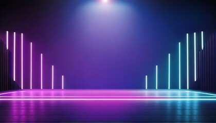 neon dark stage shows empty room neon light spotlights dark blue purple pink background dance floor for product display in studio backdrop for photo shooting  - obrazy, fototapety, plakaty