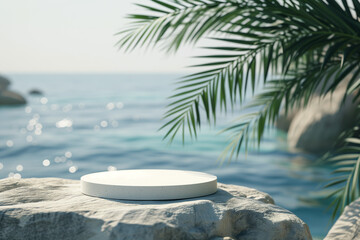 Empty podium for product presentation with palm leaf on seascape. Generative AI - obrazy, fototapety, plakaty