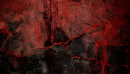 black blood red grunge or horror background old rough concrete distressed texture the wall of the building with cracks close up crushed broken damaged surface creepy spooky halloween concep - obrazy, fototapety, plakaty