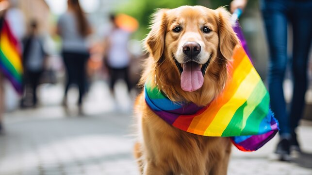 Golden Retriever Wearing Rainbow Bandana at LGBTQ Pride Parade AI Generated