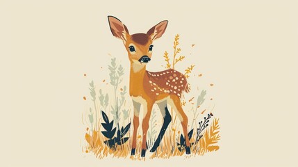  a small deer standing in the middle of a field of tall grass and tall grass, with leaves on it's sides and a light yellow background with a little deer's head in the foreground.