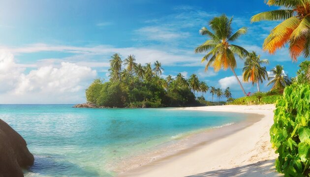 beautiful tropical island with palm trees and beach panorama as background image