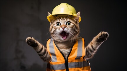 Silly Feline: Hilarious Cat Pretending to be Construction Worker on Job Site AI Generated - obrazy, fototapety, plakaty