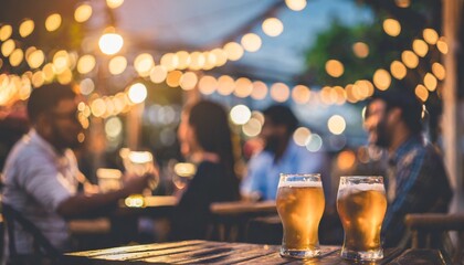 bokeh background of street bar beer restaurant outdoor in asia people sit chill out and hang out dinner and listen to music together in avenue happy life work hard play hard  - obrazy, fototapety, plakaty
