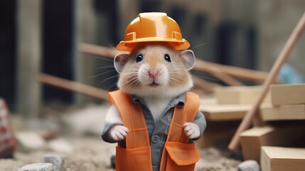 Adorable Hamster Pretending to be Construction Worker on Job Site AI Generated - obrazy, fototapety, plakaty