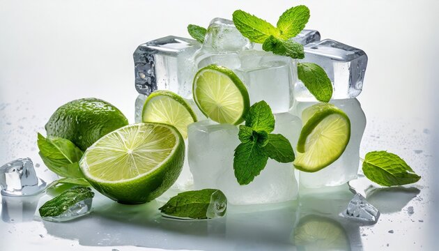 ice cube ice cubes with fresh mint leaves and lime frozen water in shape of cube ice for lime drink lemon soda or cocktails cold lemonade melting natural or real ice on white background