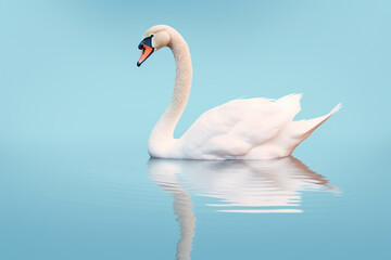 Fototapeta premium A serene swan glides gracefully on calm water, reflecting serenely below.