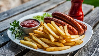 sausage and chips on a plate - obrazy, fototapety, plakaty