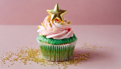 christmas green cupcake or muffin with pink whipped cream sprinkles and gold star on pink background xmas homemade dessert minimal style