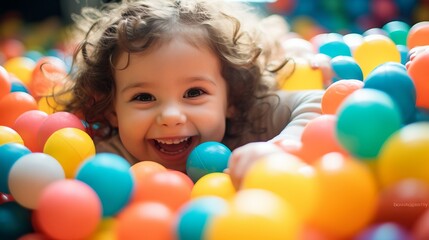 Fototapeta na wymiar Joyful Child Navigating Through a Vibrant Ball Pit at an Indoor Playground AI Generated