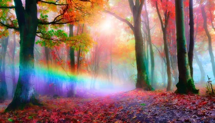 Tuinposter landscape in a fabulous forest rainbow spectrum of colorful autumn trees in unusual neon lighting fog background autumn fantasy © Marcelo