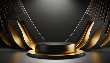 3d render abstract minimal black and gold background with empty podium classy showcase for product presentation
