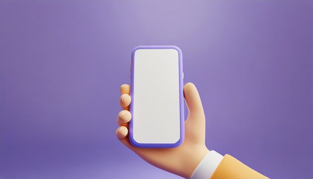 3d cartoon hand holding smartphone on purple background hand using mobile phone mockup 3d render illustration