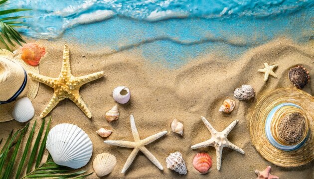 summer travel background from beach sand with starfish and seashell top view 