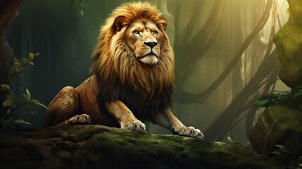 Majestic Lion Sitting on Rock Surrounded by Green Trees AI Generated