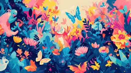 Fototapete Schmetterlinge im Grunge  a painting of colorful flowers and butterflies in a field of blue, pink, yellow, orange, and pink flowers with a sky background of blue, pink, yellow and orange.