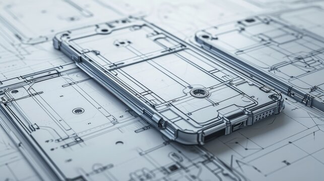 Abstract three-dimentional sketch of a foldable smartphone. Technical drawing. 3d illustration